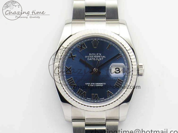 0211 DateJust 36mm SS 116234 ARF 1:1 Best Edition Blue Roman Dial Fluted On 904L SS Oyster Bracelet SA Supportive 3516